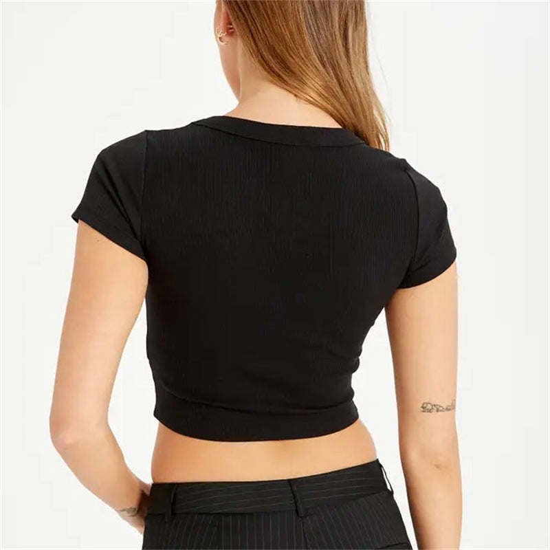 Women's T-Shirt Cotton Rib Cropped Short Sleeve Slim Fit Slimming