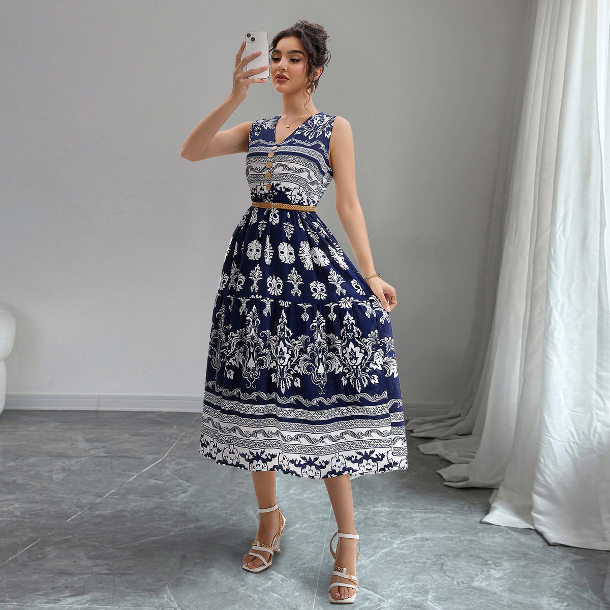Bohemian V-Neck Sleeveless Midi Dress