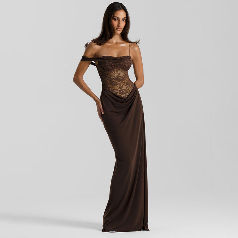 Women's Lace Ruched Asymmetric Maxi Dress