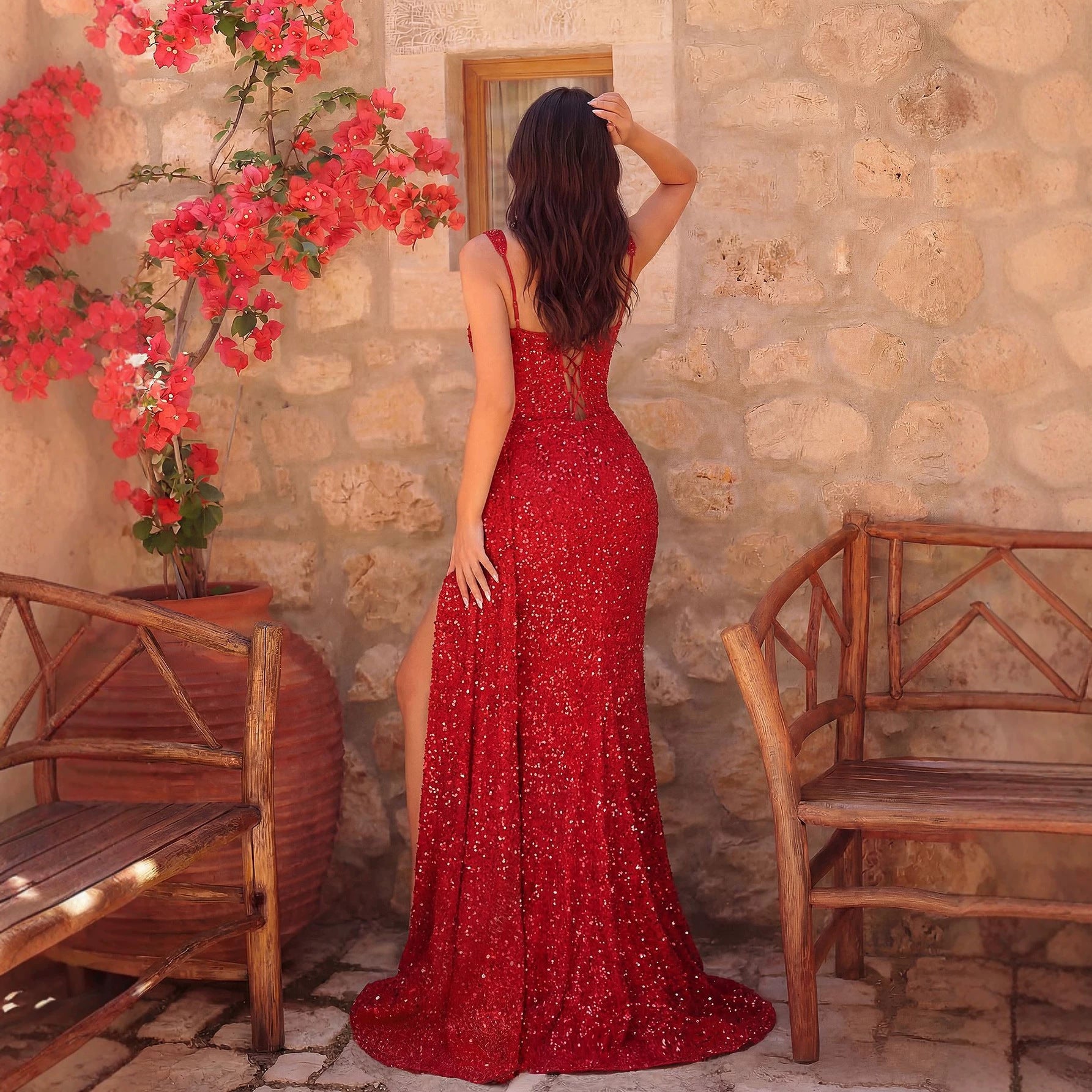 Red Sequin Square-Neck Split Maxi Dress