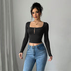 Women's Autumn Sexy Square Collar Off Shoulder Long Sleeve Women Tretch Tight Cropped T Shirt