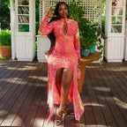Women's long-sleeve bodycon dress, pink-red swirl print with open back and high slit