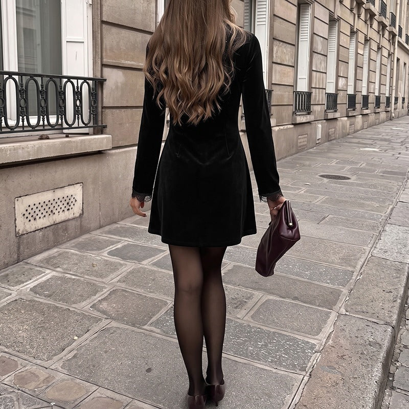 Black Velvet Lace-Trim Dress