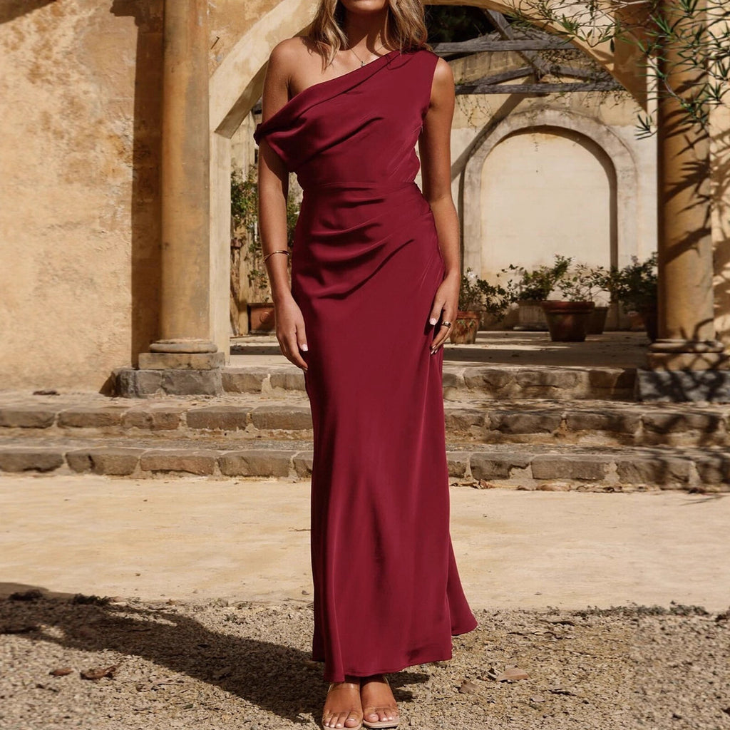 One-Shoulder Ruched Sleeveless Bodycon Maxi Dress