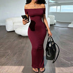 Off-shoulder fitted maxi wrap dress, burgundy front view on model