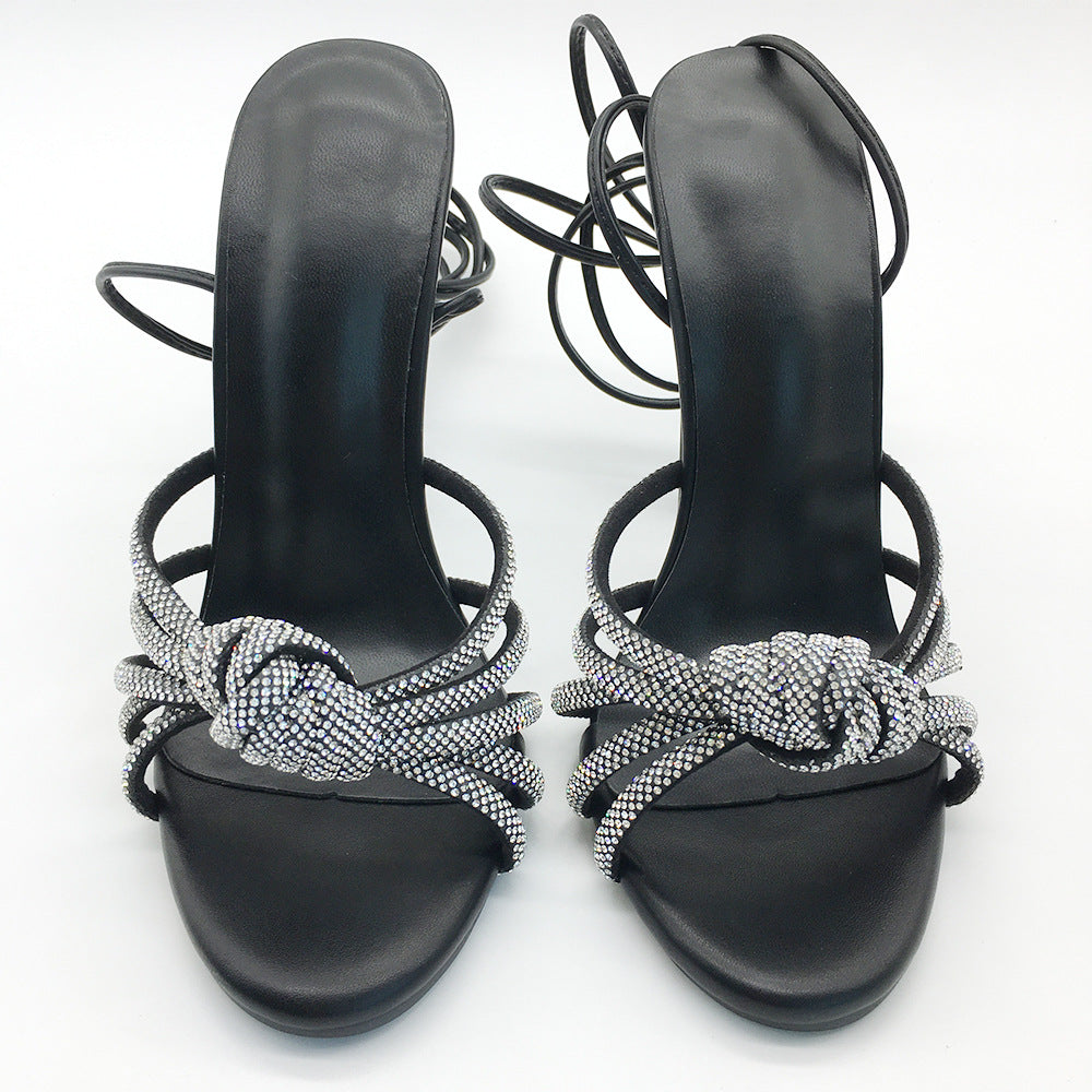 Women's Lace Up Rhinestone Stiletto Plus Size Party Catwalk High Heel Slippers Outer Wear Back Empty Heels