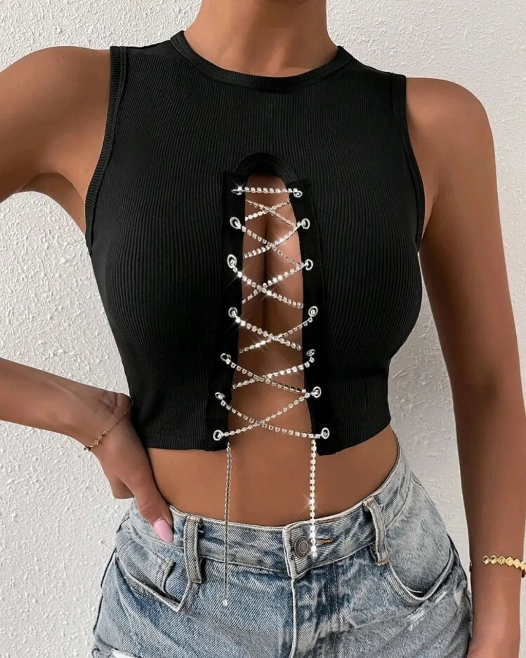 's Rib Cropped Vest Crew Neck Hollow Out Cutout Rhinestone Lace