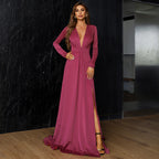Women's Green V-Neck Long Sleeve Slit Evening Maxi Dress
