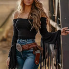 Women's Retro Western Tassel Off Shoulder Women T Shirt Solid Color Top