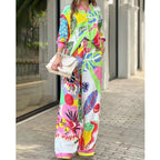 Women's Office Long Sleeve Loose Shirt High Waist Wide Leg Pants