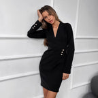 Pearl-Button V-Neck Shirt Dress