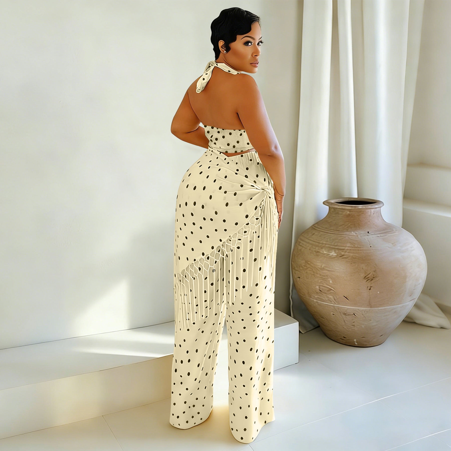 Women Clothing Polka Dot Print Halter Backless Tube Top Tassel Trousers Set