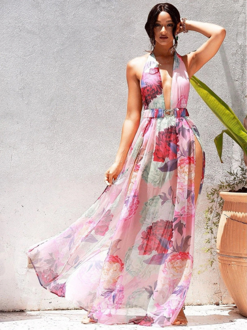 Women's Floral Halter Backless Split Dress