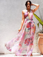 Women's Floral Halter Backless Split Dress