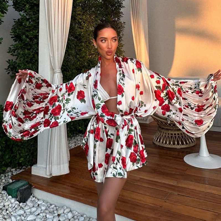 Spring Summer Russian Digital Printing Puff Sleeve Lace Up Loose