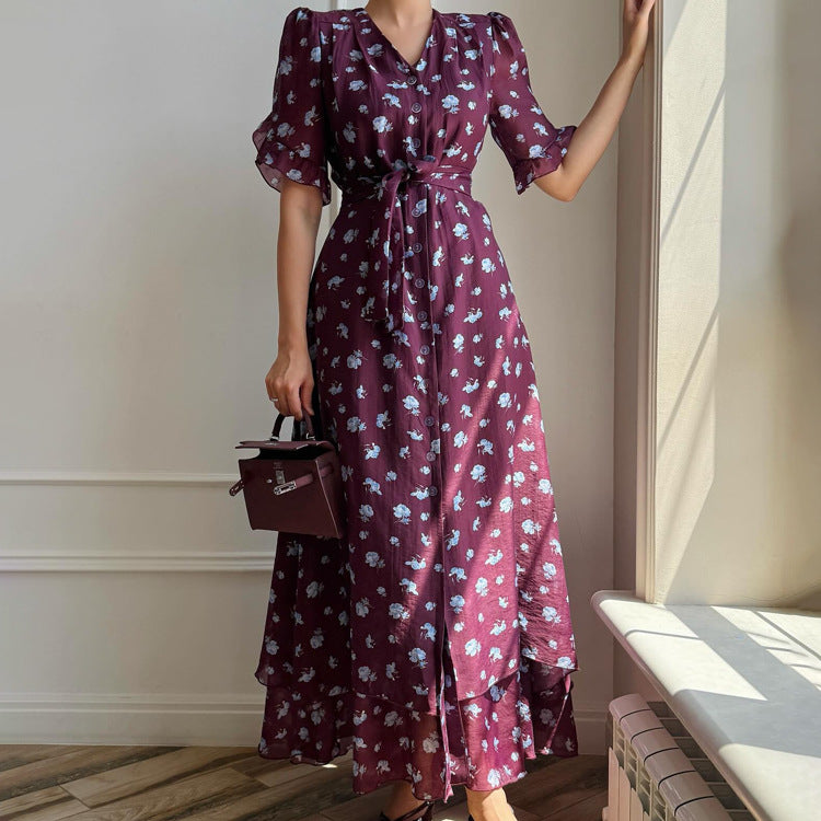 Women's French V-Neck Short-Sleeve Button Dress