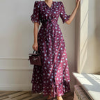 Women's French V-Neck Short-Sleeve Button Dress