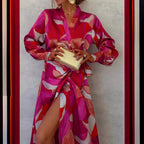 Printed V-Neck Long-Sleeve Slit Dress