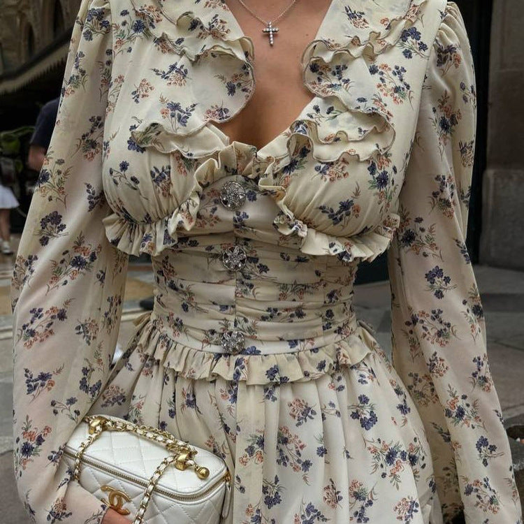 Doll Collar Long Sleeve Printed Dress Drawstring