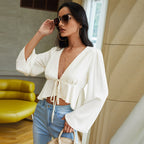 Women's Women's Lace Up Cardigan T Shirt Short V Neck Loose Long