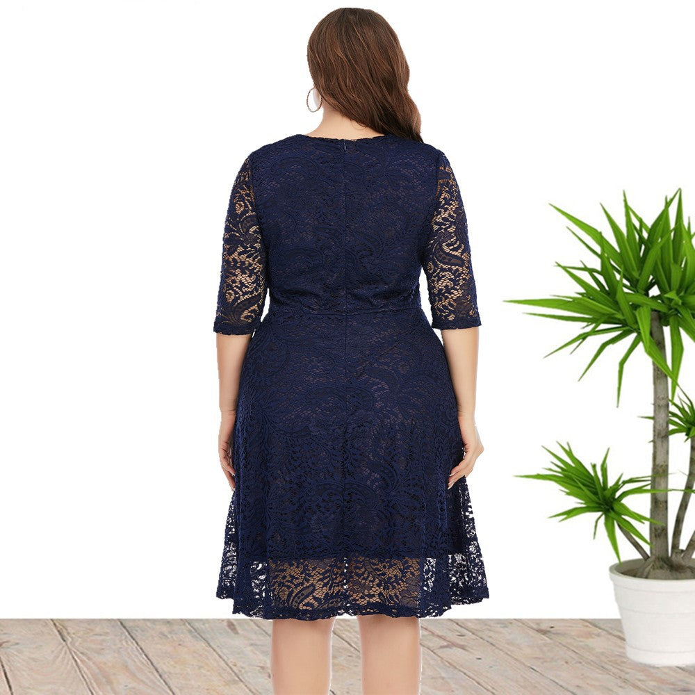 Women's Plus Size Spring Summer Clothes Crew Neck Lace Dress