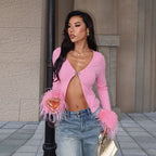 Women’s Pink Feather Trim Deep V Cardigan