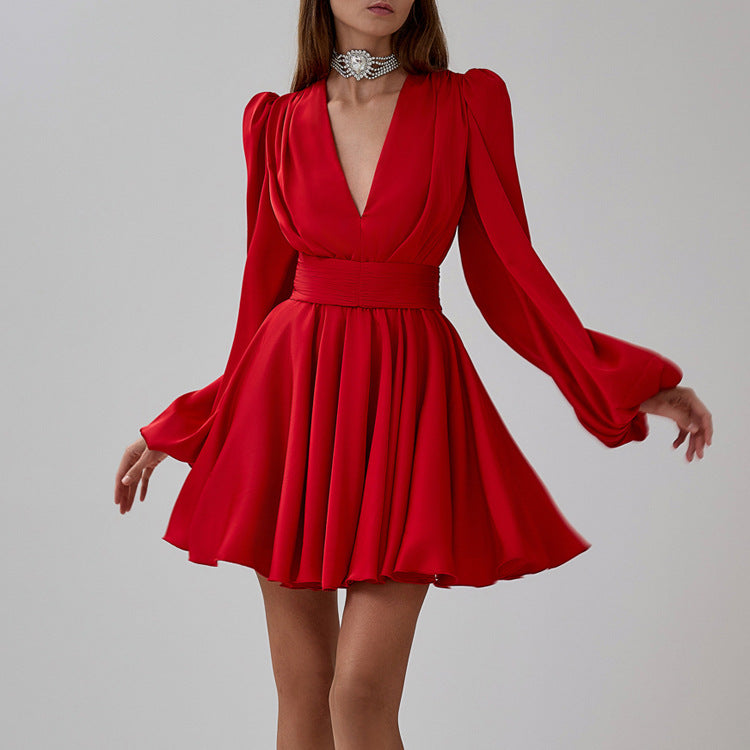 Pleated V-Neck Satin A-Line Dress