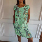 Summer Cotton Linen round Neck Printed with Pocket