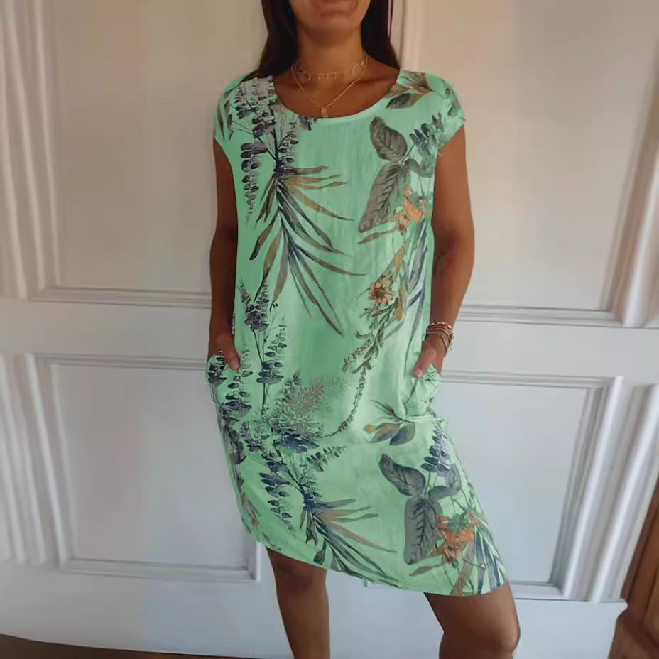 Summer Cotton Linen round Neck Printed with Pocket