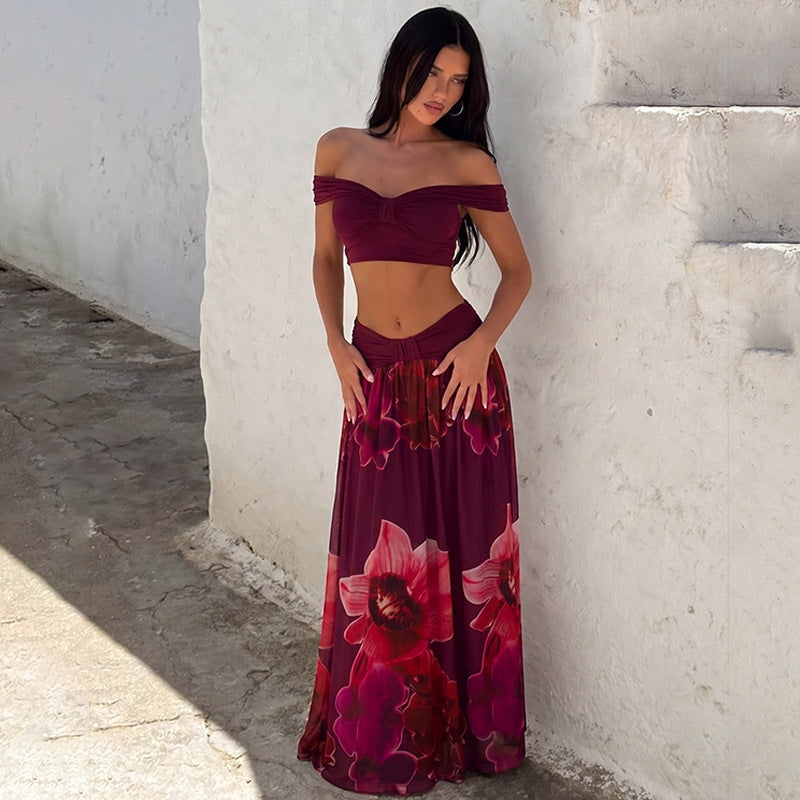 Off-Shoulder Peplum Top & Floral Maxi Skirt Set