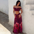 Off-Shoulder Peplum Top & Floral Maxi Skirt Set