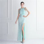 Women's Embellished Micro Glass Bead Beaded Cocktail Evening Dress Elegant Long