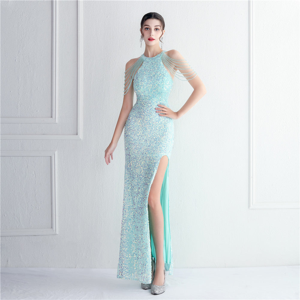 Women's Embellished Micro Glass Bead Beaded Cocktail Evening Dress Elegant Long