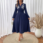 Autumn Holiday Ethnic Tight Waist V-Neck Blue Embroidery Dress