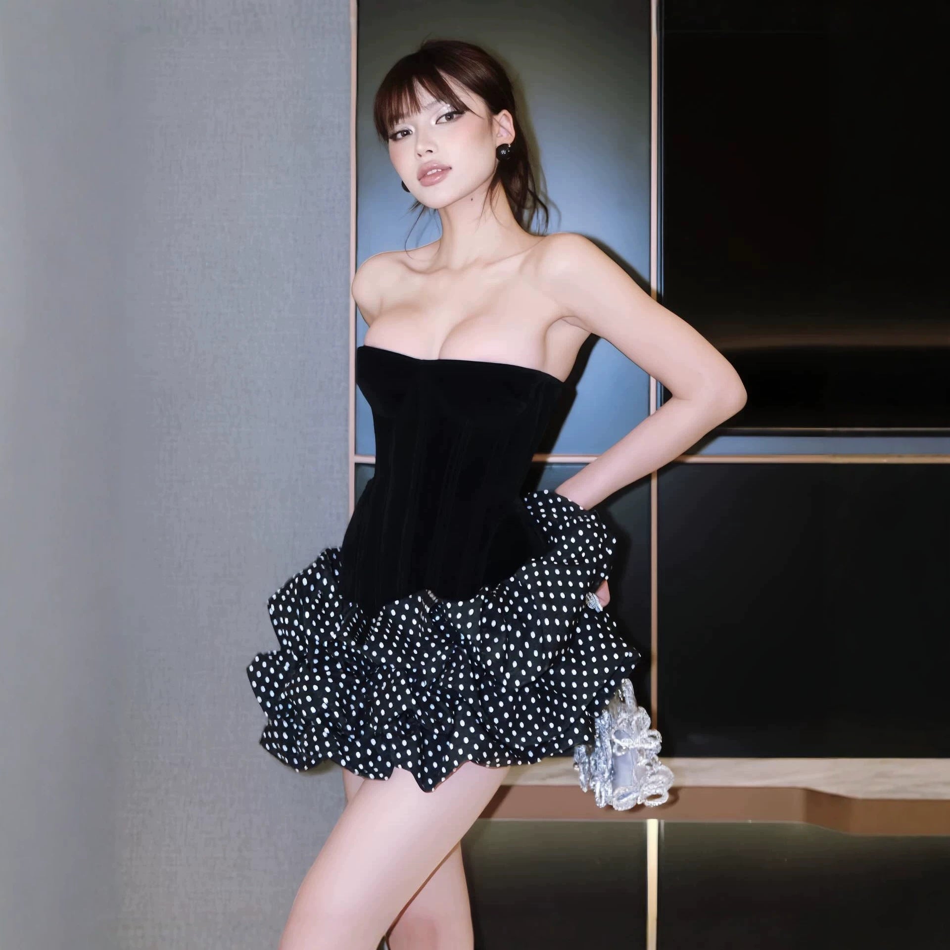 Women's Polka Dot Strapless Boning Mini Dress