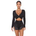 Women's V-Neck Ribbed Twisted Long Sleeve Crop Top