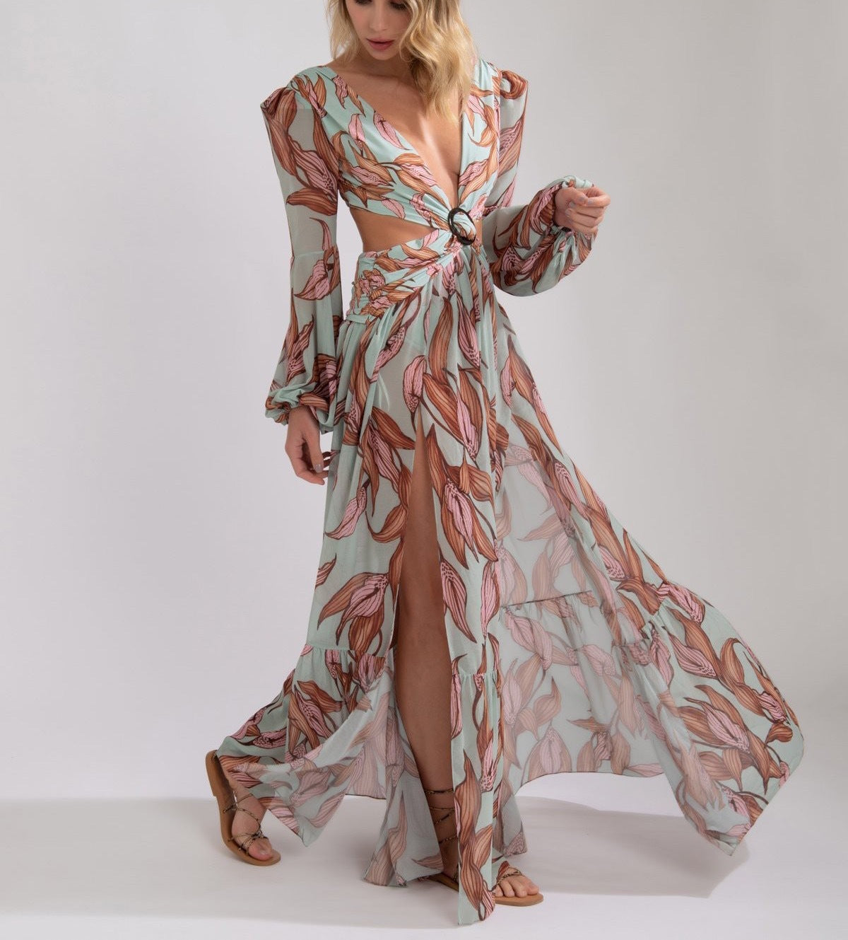 Women's Fashion Sexy Tropical Floral Print Lantern Maxi Long Sleeve V Neck Slit Dress