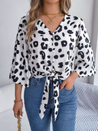 Women's Leopard Print Self Tie Chiffon Shirt