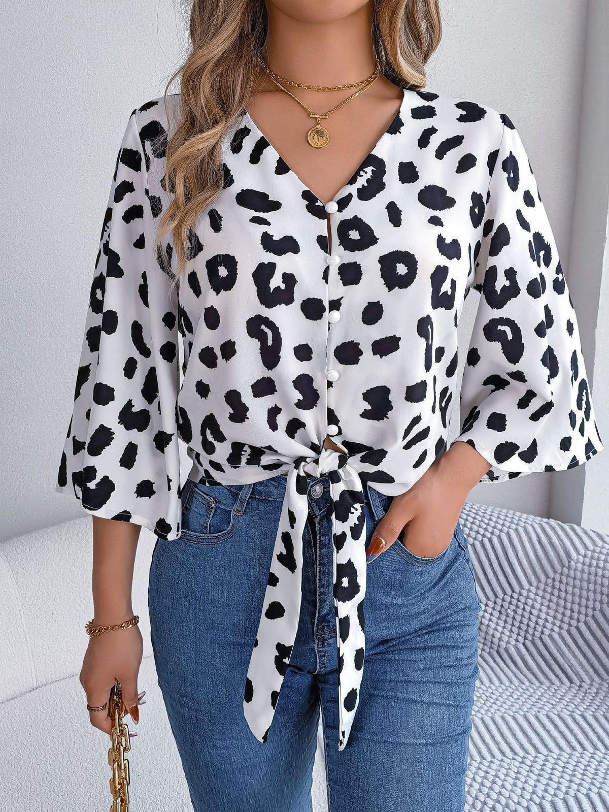 Women's Leopard Print Self Tie Chiffon Shirt
