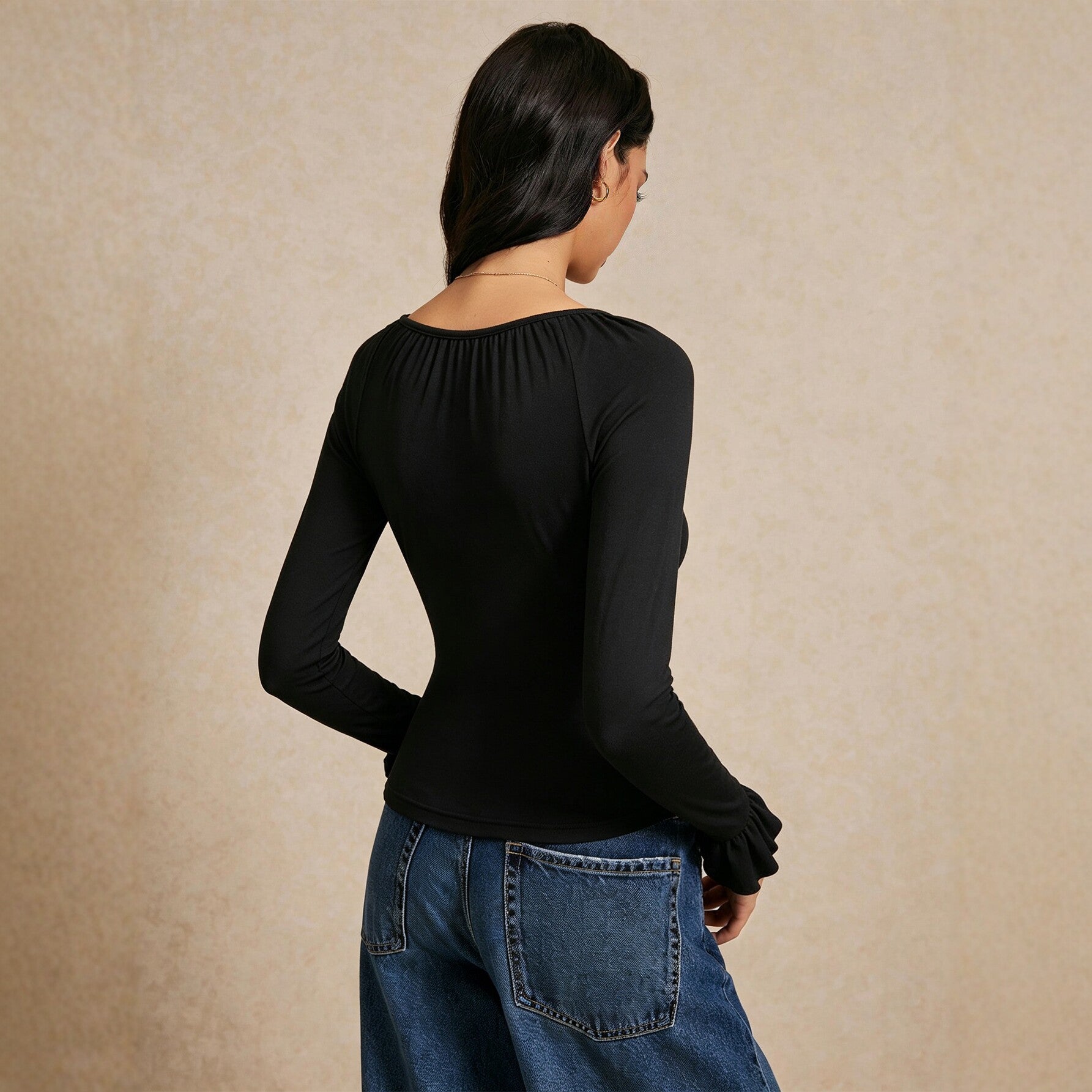 Square Collar Long Sleeve T shirt Women Lace Stitching Tied