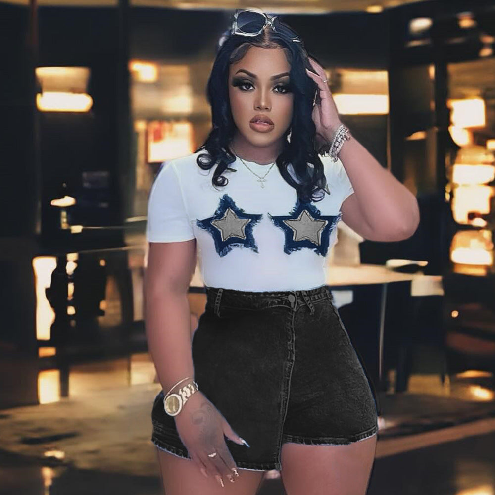 Star Embroidered Cropped T-Shirt
