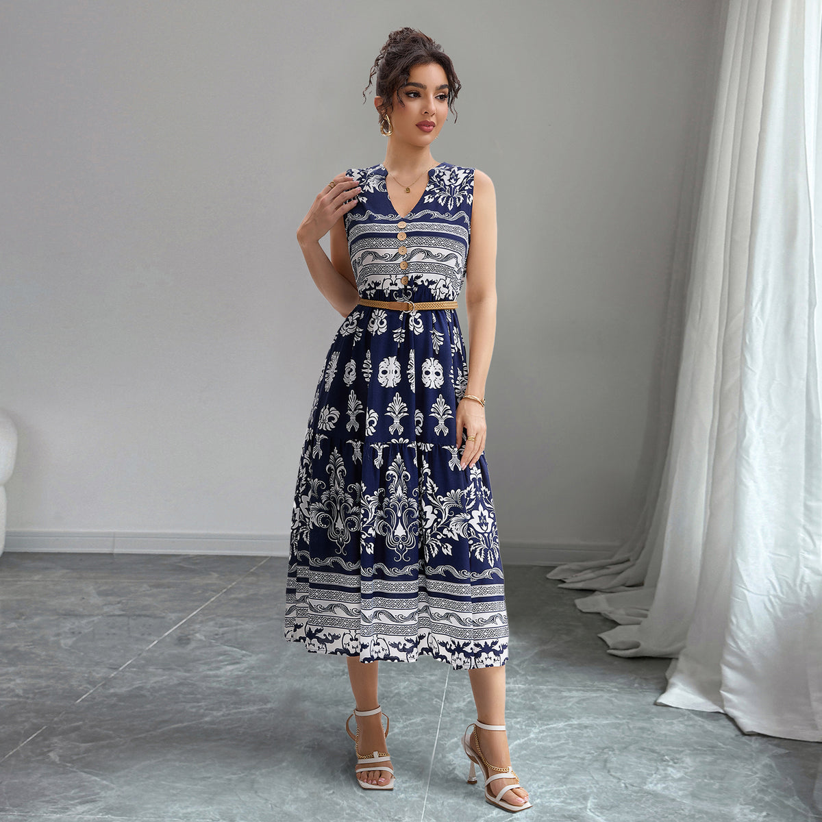 Bohemian V-Neck Sleeveless Midi Dress