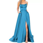 Women's Crew-Neck Satin Backless Split Cami Maxi Dress