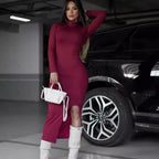 High-Collar Long-Sleeve Split Sheath Dress