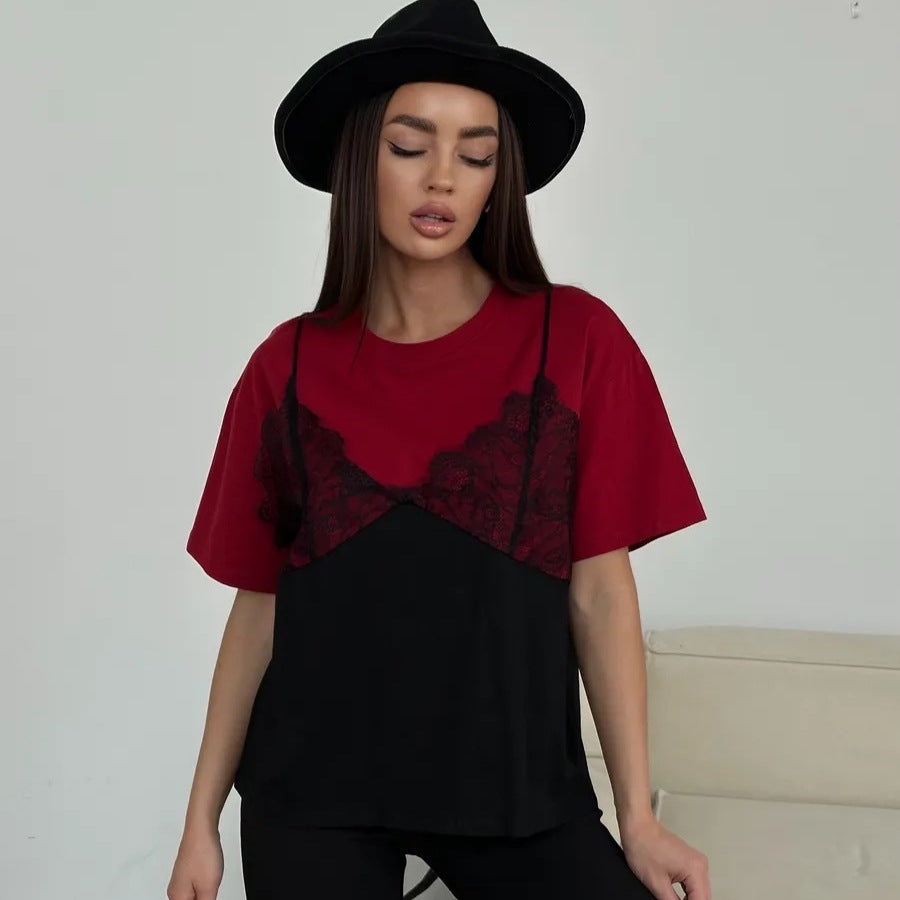 Women's Sexy Women Clothing Lace Stitching Loose Basic Round Neck Short Sleeve T Shirt