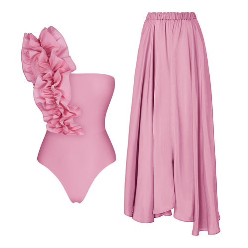 One-piece swimsuit with ruffle shoulder and flowy maxi skirt