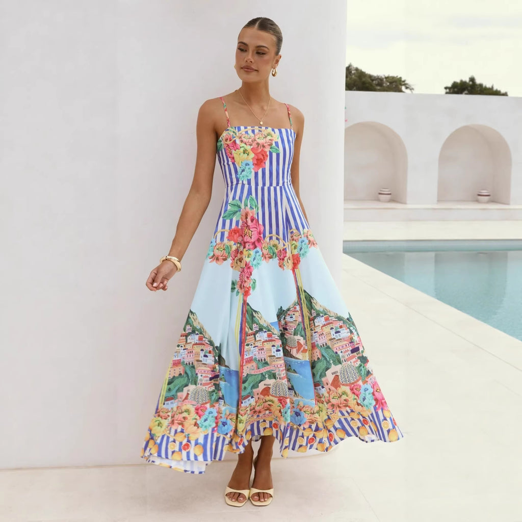 Floral Stripe Spaghetti-Strap Maxi Dress