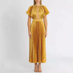 Dinner Party Round-Neck Pleated Dress Ruffle Sleeve Evening Dresses