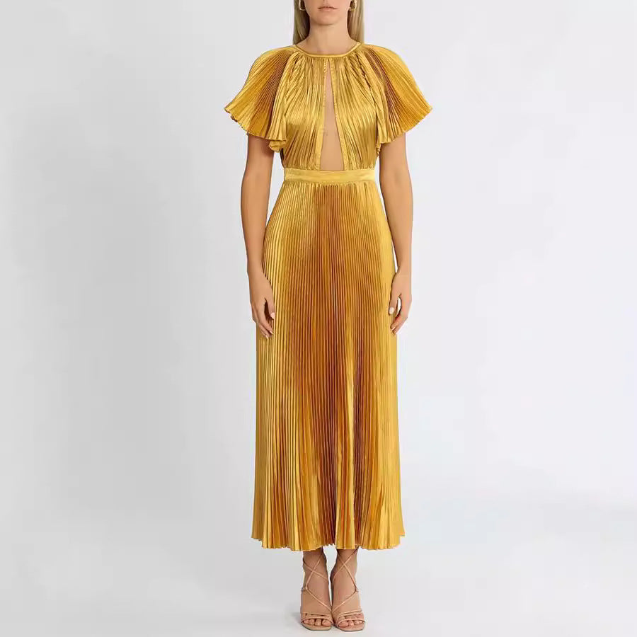 Dinner Party Round-Neck Pleated Dress Ruffle Sleeve Evening Dresses