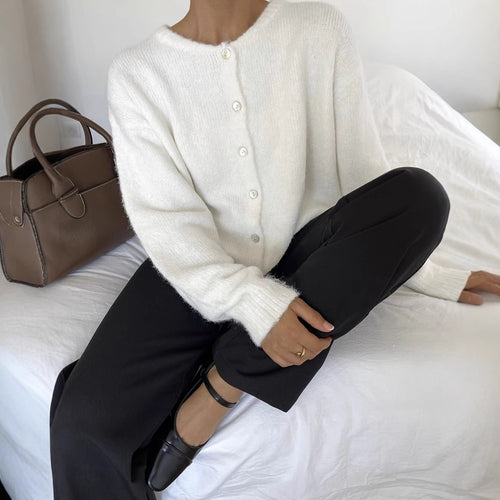 White Soft Knitted Cardigan Women Retro Shell Button Gray Wool Sweater Coat